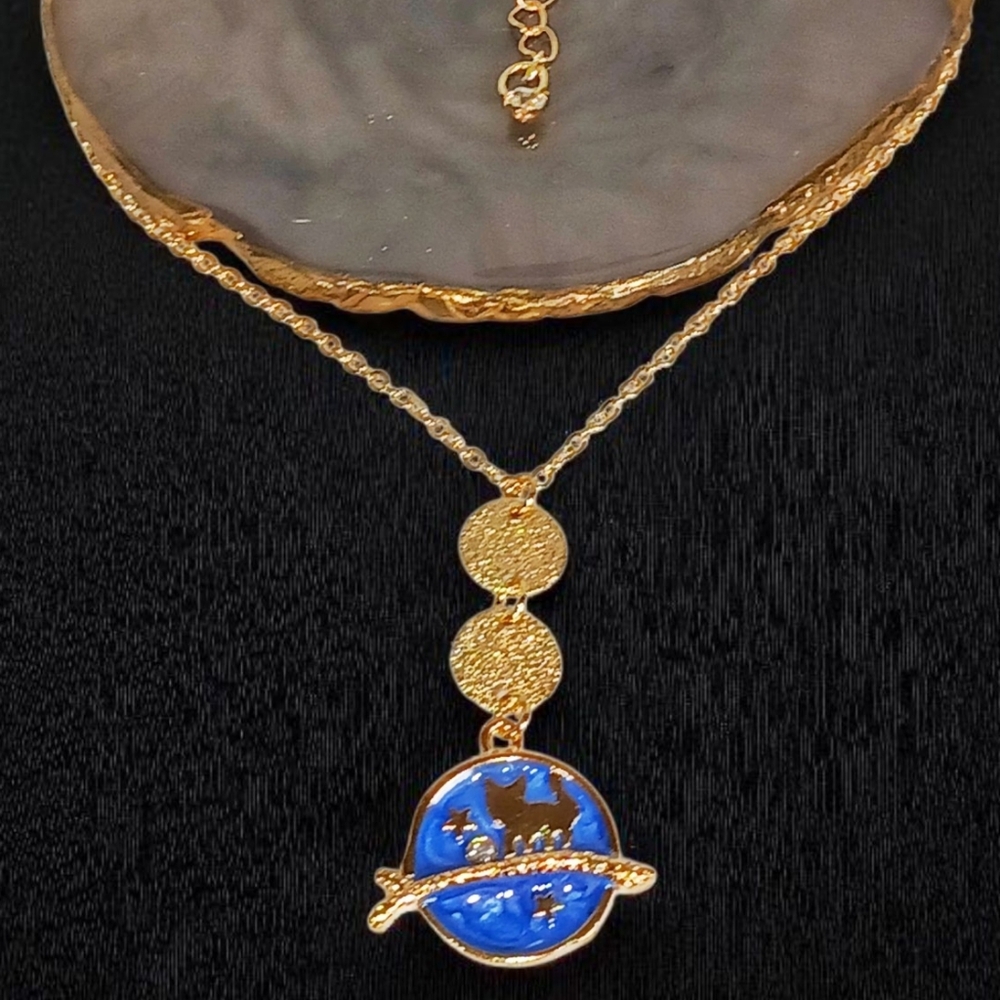 Gold Triple Disc Drop Y Necklace Cat Star Gazing Whimsygoth Mod 1960s Galactic
